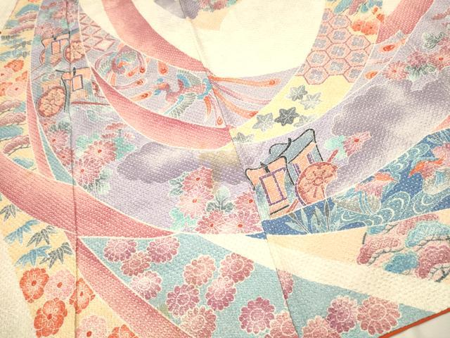 平和屋着物●名門　藤娘きぬたや・総絞り　振袖　束ね熨斗御所車鳳凰花文　正絹　逸品　CAAR1371hy 平和屋着物○名門 藤娘きぬたや・総絞り 振袖 束ね熨斗御所車