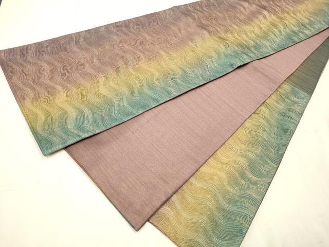 平和屋着物●六通柄袋帯　本泥染め　天平組織　よろけ縞　金糸　正絹　逸品　CAAR1414hy 平和屋着物○六通柄袋帯 本泥染め 天平組織 よろけ縞 金糸