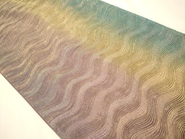 平和屋着物○六通柄袋帯 本泥染め 天平組織 よろけ縞 金糸