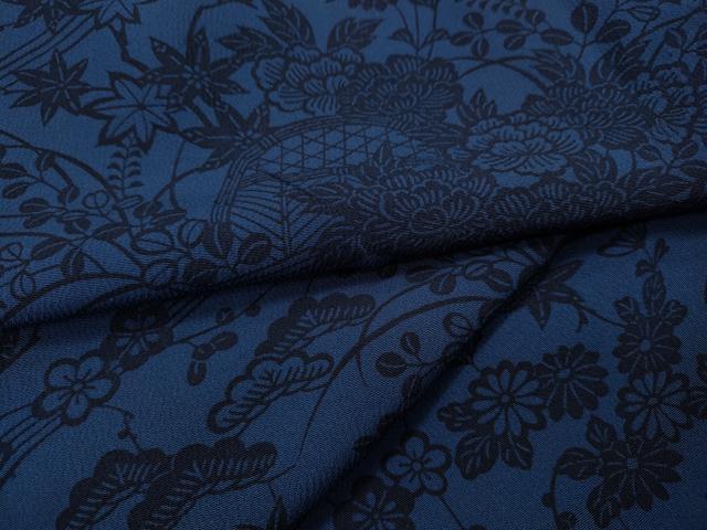 平和屋着物▽上質な小紋　単衣　藍　型染め　流水籬草花文　正絹　逸品　CAAR4956ut