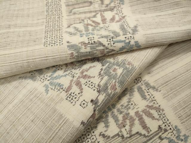 平和屋着物▽上質な紬　単衣　100亀甲　エ霞短冊笹竹文　正絹　逸品　CAAR4957ut