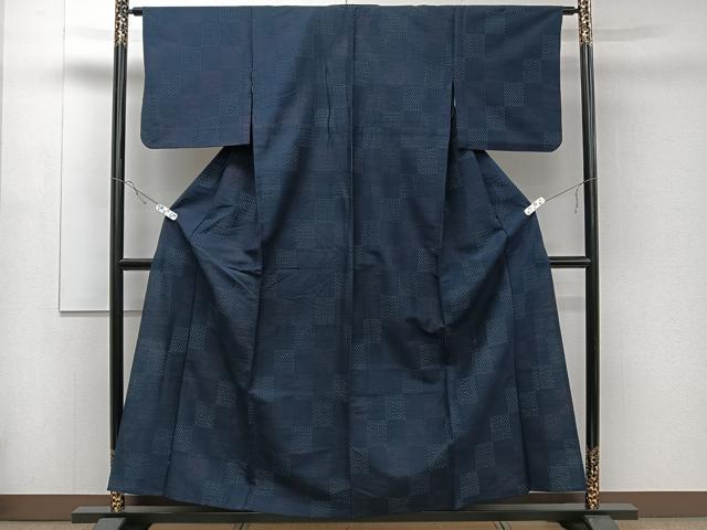 平和屋着物▽上質な紬 単衣 花織 市松文様 正絹 逸品 CAAV3694dy｜