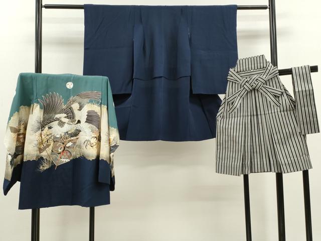 平和屋着物[]七五三　男の子　祝着・羽織・行灯袴セット　褐返色　鷹　軍配　金彩　逸品　CAAR6773ze