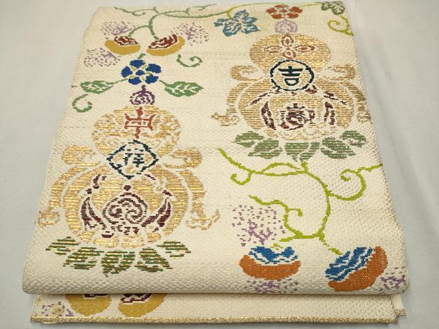 平和屋着物○龍村平蔵製 六通柄 本袋帯 万代吉祥瓢 金糸