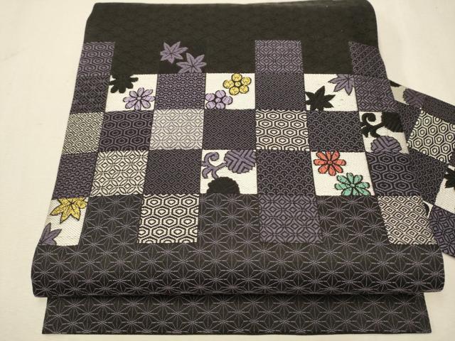 平和屋着物●九寸名古屋帯　変わり市松吉祥草花文　正絹　逸品　CAAR7678hy