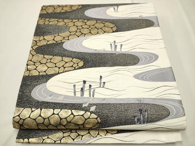 平和屋着物●西陣　京都友禅作家集団　名門　倉染匠　一乃倉　六通柄袋帯　流水千鳥文　金糸　正絹　逸品　CAAR7772hy