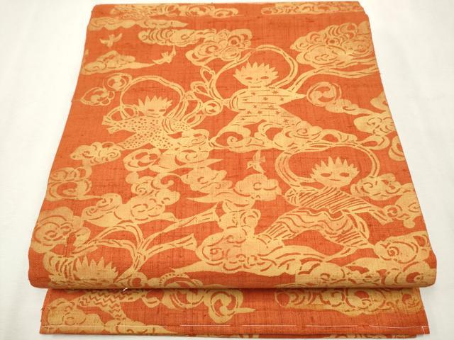 平和屋着物●九寸開き名古屋帯　紬地　風神雷神　正絹　逸品　CAAR7897hy