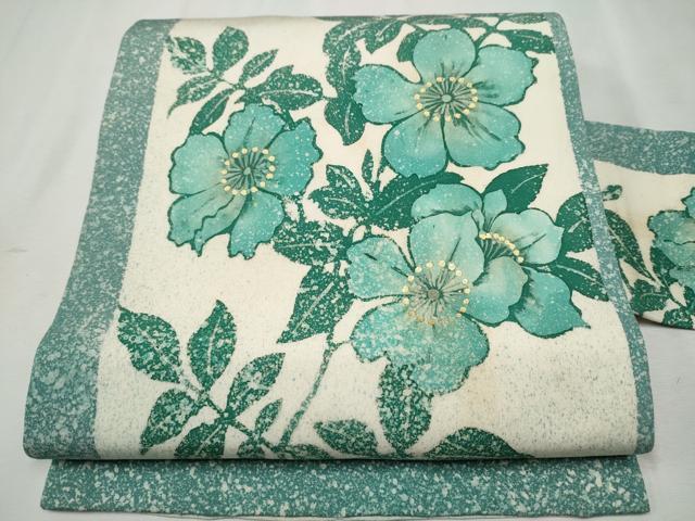 平和屋着物●塩瀬　九寸名古屋帯　枝花文　金彩　たたき染め　正絹　逸品　CAAR7907hy