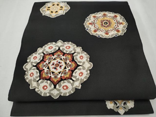 平和屋着物●爪掻き本綴れ　八寸名古屋帯　正倉院花文　黒地　金銀糸　正絹　逸品　CAAR7908hy