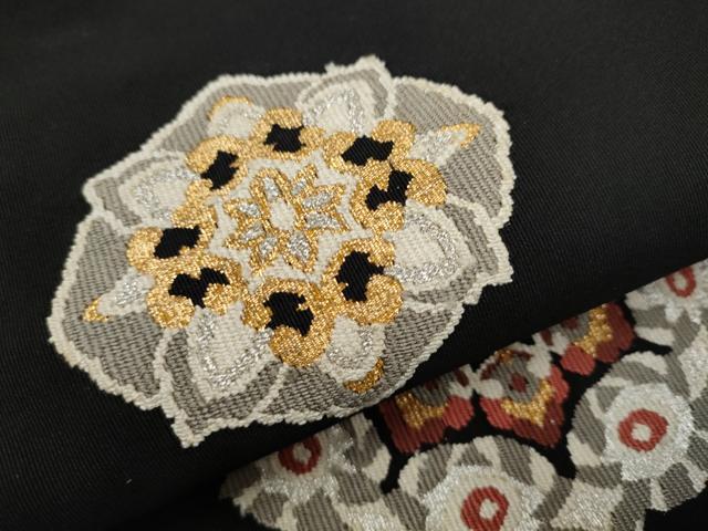 平和屋着物○八寸名古屋帯 綴れ 花鳥文 黒地 金銀糸 正絹 逸品