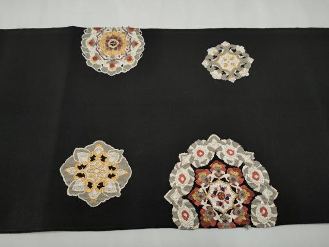 平和屋着物●爪掻き本綴れ　八寸名古屋帯　正倉院花文　黒地　金銀糸　正絹　逸品　CAAR7908hy 平和屋着物○爪掻き本綴れ 八寸名古屋帯 正倉院花