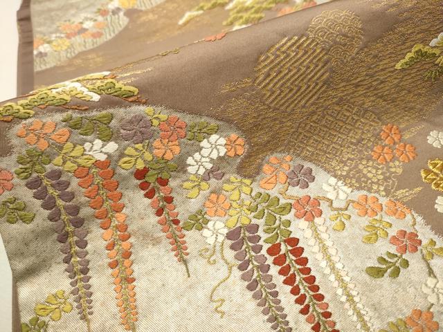 平和屋着物○全通柄袋帯 紬地 霞文 金彩 正絹 逸品 CAAT8134hy