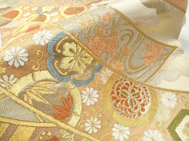 平和屋着物●西陣　川島織物　六通柄　本袋帯　短冊草花丸文　金糸　正絹　逸品　CAAR7982hy 平和屋着物○西陣 川島織物 六通柄 本袋帯 短冊草花丸文 金糸