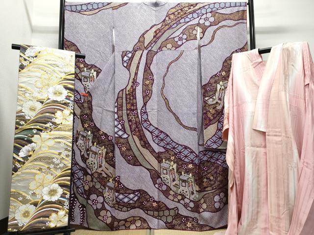 平和屋着物●豪華振袖・長襦袢・袋帯セット　絞り　御所車花文　金彩　正絹　逸品　CAAR8128vf
