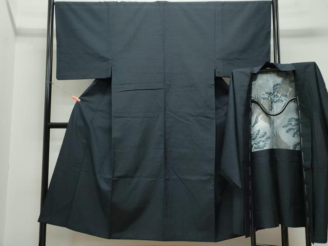 平和屋着物●男性　紬　アンサンブル　濃紺色　正絹　逸品　CAAR8137vf