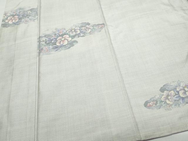 平和屋着物▽本場大島紬 単衣 白大島 120亀甲 風景草花文 正絹