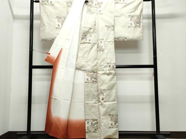 平和屋着物▽本場大島紬　単衣　白大島　9マルキ　横段花蝶文　正絹　逸品　AAAW1369fy 平和屋着物▽本場大島紬 単衣 白大島 9マルキ 横段花蝶