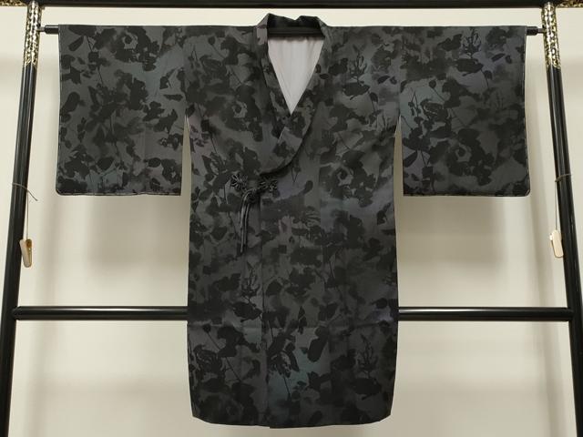 平和屋着物＃道中着　枝花文　暈し染め　黒地　やまと誂製　ロング丈　洗える着物　未使用　CAAR9158id