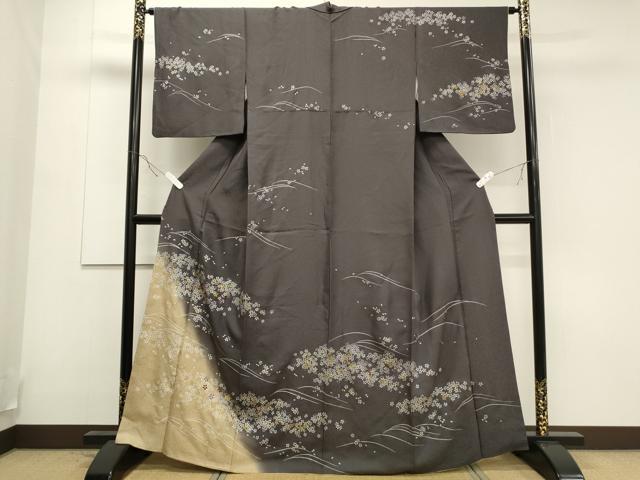 【京かんざし★6936★即決送料無料★【やまと新はじく加工】訪問着　桜文 4371］訪問着 舞桜文 金銀糸 刺繍 ロング丈 正絹 着物 袷 黒 振袖