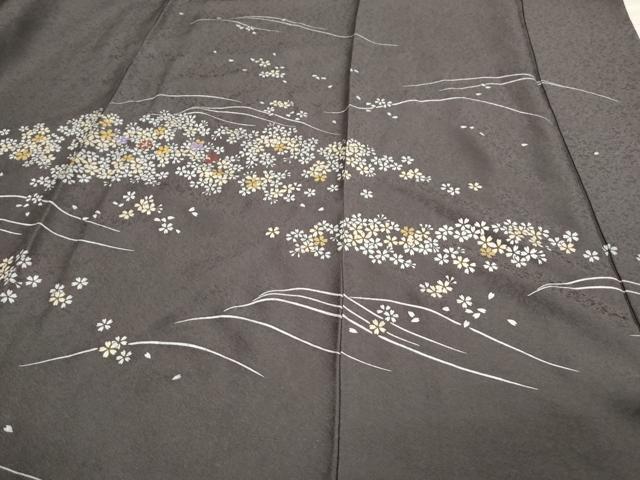 平和屋着物○訪問着 舞桜文 暈し染め 黒地 金彩 銀通し地 正絹 逸品