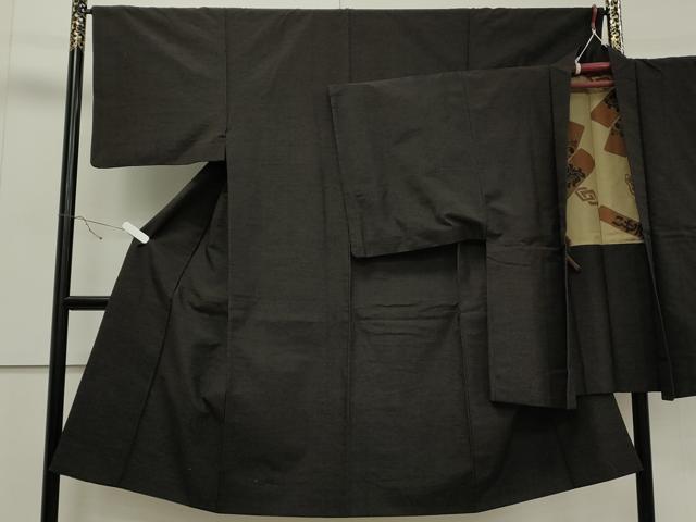 平和屋着物●男性　紬　アンサンブル　色無地　鉄黒色　正絹　逸品　CAAS0081th