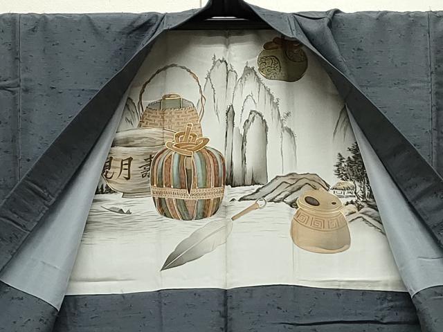 平和屋着物●男性　髭紬　アンサンブル　色無地　藍鼠色　正絹　逸品　CAAS0288th 平和屋着物○男性 髭紬 アンサンブル 色無地 藍鼠色 正絹 逸品 CAAS0288th