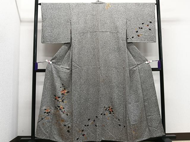 平和屋着物▽訪問着　単衣　枝花文　たたき染め　黒地　金彩　正絹　逸品　CAAS2428xi