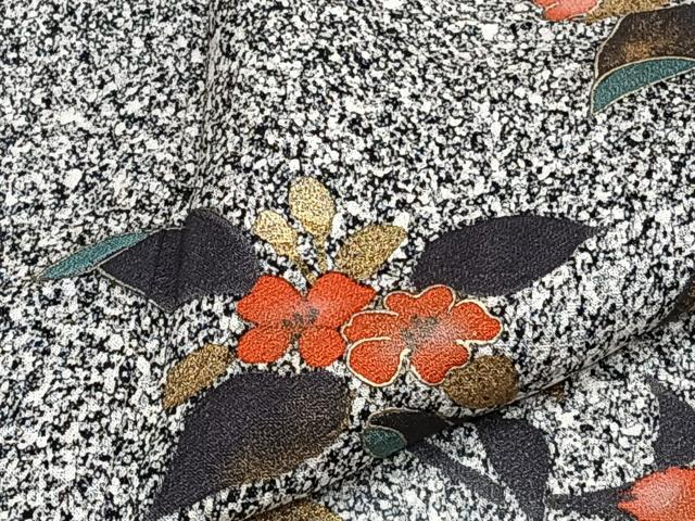 平和屋着物▽訪問着 単衣 枝花文 たたき染め 黒地 金彩 正絹