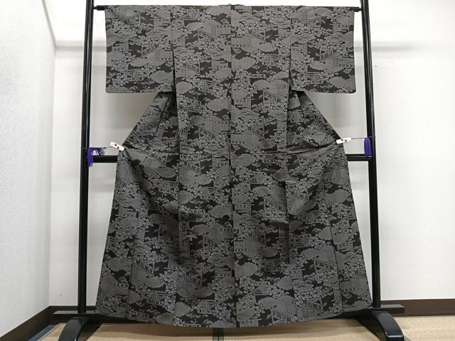 平和屋着物▽上質な紬　単衣　風景花文　正絹　逸品　CAAS2430xi 平和屋着物▽上質な紬 単衣 風景花文 正絹 逸品 CAAS2430xi