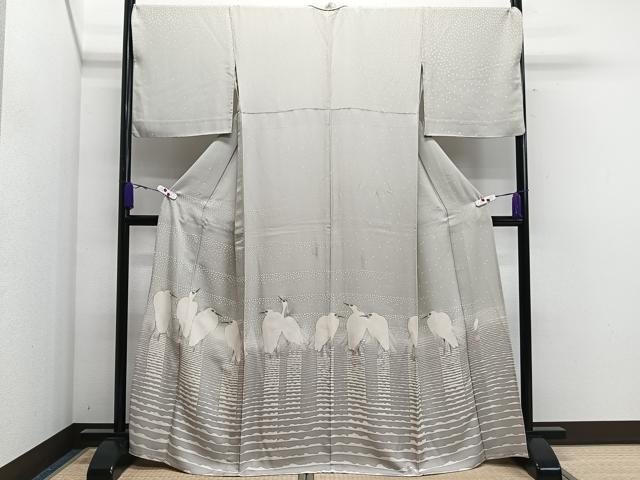 平和屋着物▽東京友禅　菅有鬼一　訪問着　単衣　白鷺　正絹　逸品　CAAS2448xi