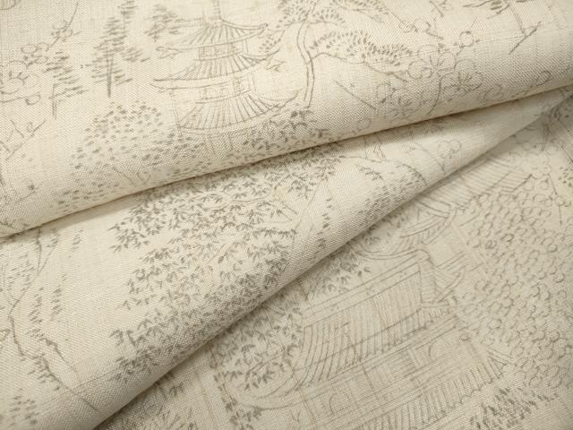 平和屋着物▽生紬　単衣　風景草花文　正絹　逸品　CAAS4829ut