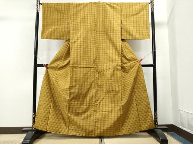 平和屋着物●黄八丈　紬　格子柄　ロング丈 　正絹　逸品　未使用　BAAT6695hv 平和屋着物○黄八丈 紬 格子柄 ロング丈 正絹 逸品 未使用 BAAT6695hv