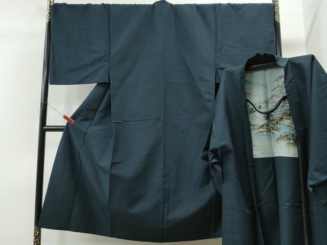 平和屋着物●男性　紬　アンサンブル　色無地　濃藍色　キングサイズ　正絹　逸品　CAAS6762yc 着物セット