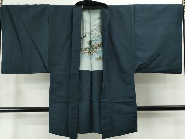 平和屋着物●男性　紬　アンサンブル　色無地　濃藍色　キングサイズ　正絹　逸品　CAAS6762yc 着物セット