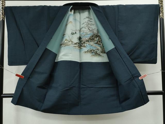 平和屋着物●男性　紬　アンサンブル　色無地　濃藍色　キングサイズ　正絹　逸品　CAAS6762yc 着物セット