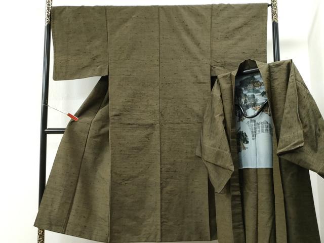 平和屋着物●男性　髭紬　アンサンブル　色無地　海松茶色　正絹　逸品　CAAS6767yc