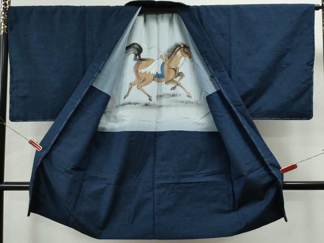 平和屋着物○男性 紬 色無地 留紺色 キングサイズ 正絹 逸品 未使用