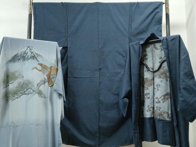 平和屋着物●男性　紬　アンサンブル・長襦袢セット　色無地　留紺色　正絹　逸品　未使用　CAAS6846yc