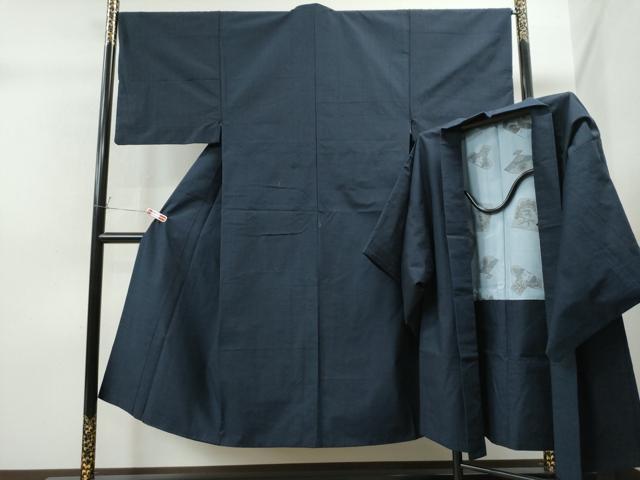 平和屋着物●男性　紬　アンサンブル　色無地　濃藍色　正絹　逸品　CAAS6893yc