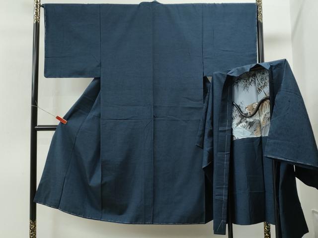 平和屋着物●男性　髭紬・羽織セット　色無地　留紺色　正絹　逸品　未使用　CAAS6898yc