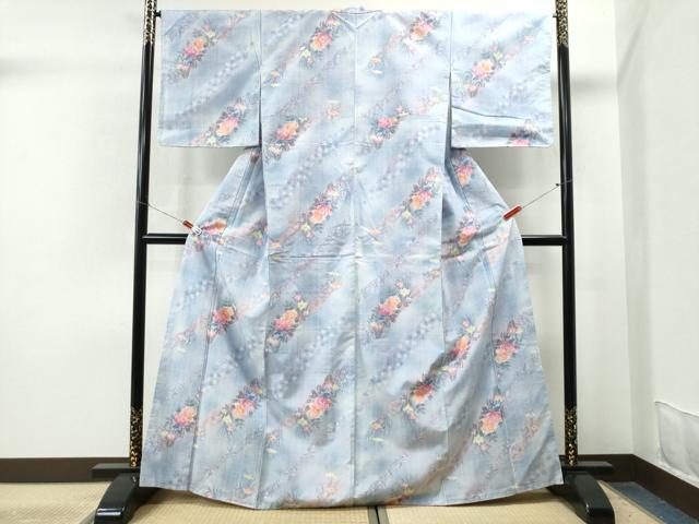 平和屋着物▽本真綿紬　小千谷紬　単衣　草花文　反端付き　正絹　逸品　未使用　CAAT6641xi 平和屋着物▽本真綿紬 小千谷紬 単衣 草花文 反端付き