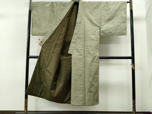 平和屋着物○男性 眞綿紬 アンサンブル 手織 霞文 反端付き 正絹