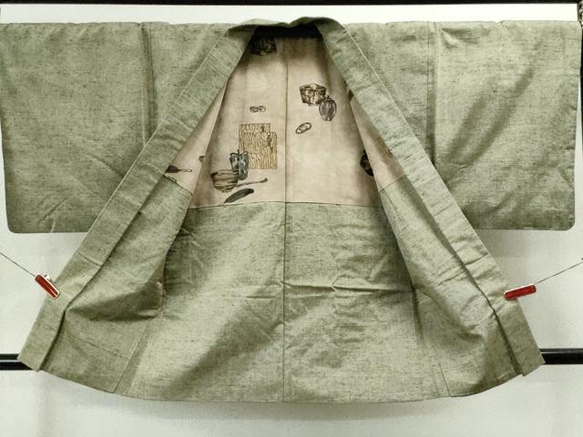 平和屋着物●男性　眞綿紬　アンサンブル　手織　霞文　反端付き　正絹　逸品　CAAS6923yc 平和屋着物○男性 眞綿紬 アンサンブル 手織 霞文 反端付き 正絹