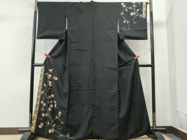 平和屋着物○訪問着 紬地 総刺繍 更紗花鳥唐草文 黒地 正絹