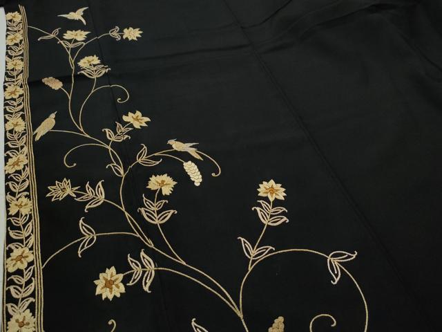 平和屋着物●訪問着　紬地　総刺繍　更紗花鳥唐草文　黒地　正絹　逸品　CAAS7087yc 平和屋着物○訪問着 紬地 総刺繍 更紗花鳥唐草文 黒地 正絹