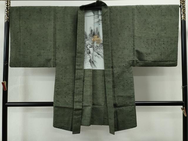 平和屋着物○男性 紬・髭紬羽織セット 色無地 老竹色 正絹