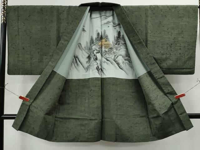 平和屋着物○男性 紬・髭紬羽織セット 色無地 老竹色 正絹