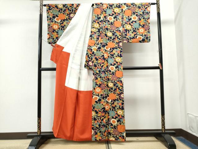 平和屋着物▽上質な小紋 単衣 紬地 型染め 花唐草文