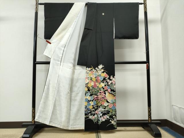 平和屋着物●本加賀友禅作家　谷崎善治　黒留袖　飛鶴風景花文　正絹　逸品　AABC3559ck 平和屋着物○本加賀友禅作家 毎田仁郎 黒留袖 花鳥文 正絹