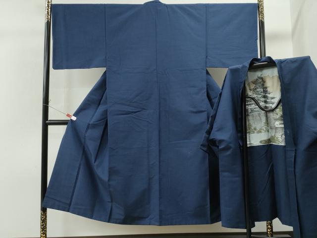 平和屋着物●男性　紬　アンサンブル　色無地　紺地　正絹　逸品　CAAS7281yc